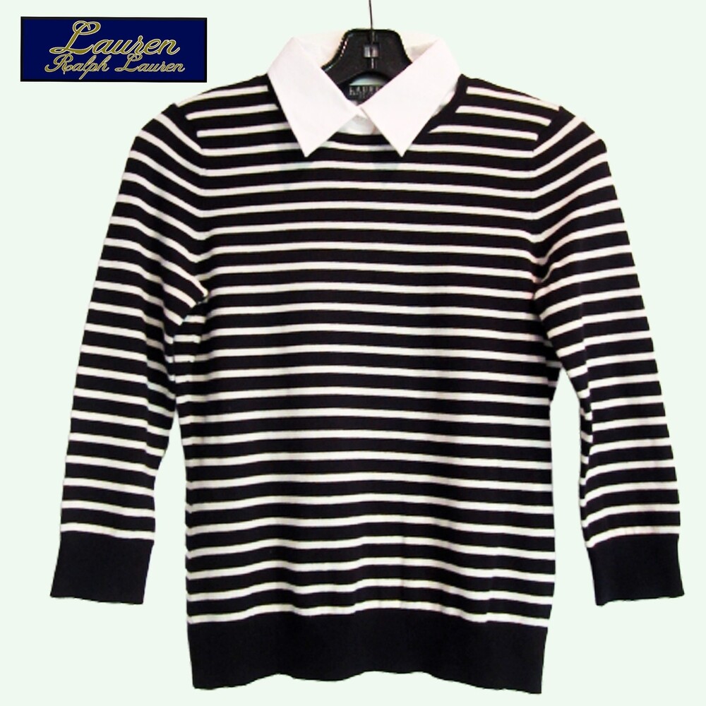 LAUREN RALPH LAUREN NEW Coastal Striped/Solid Prints Pointed Collar Sweater PL